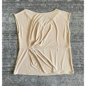 Alfani Womens M Blouse Tan Short Sleeve Top Back V-Neck Terra Nova NWT P1